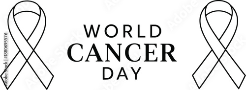 World Cancer Day icon with awareness ribbons and bold text for support, prevention and global health campaign themes