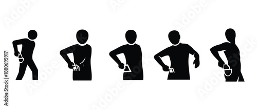 human reaching back pocket movement icon, torso twist with arm reaching backward, everyday motion captured, bold black solid vector silhouette