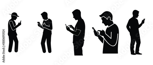  human micro-movement icon, standing posture while scrolling smartphone, slight head tilt and thumb motion, modern daily behavior, solid black flat vector silhouette