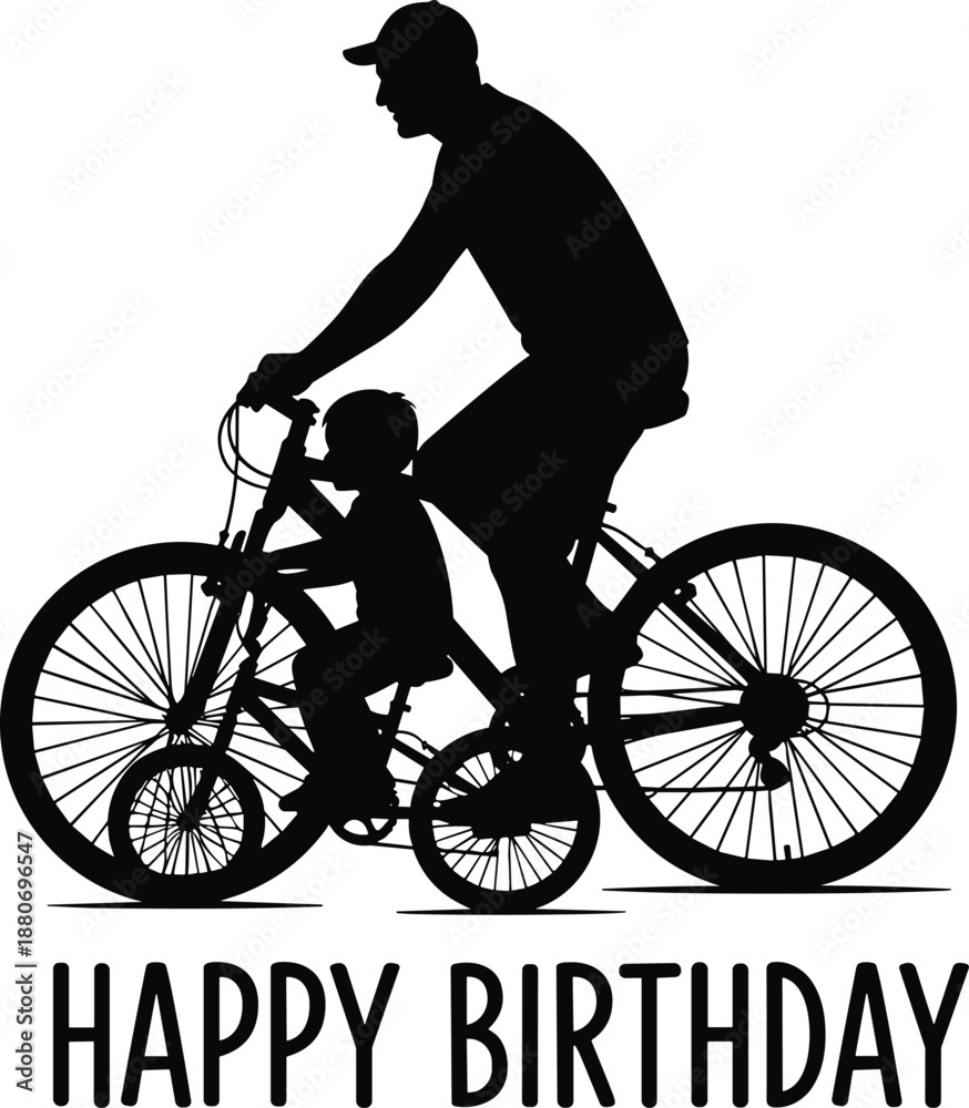 Obraz premium Happy birthday card silhouette, father and son riding bicycle together, dad and child on bike, family outdoor activity, greeting card vector illustration,