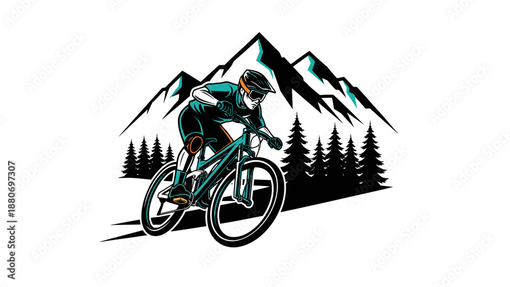 Obraz premium A stylized illustration of a mountain biker riding a trail with mountains and pine trees in the background, depicting adventure and outdoor sport.