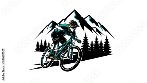 A stylized illustration of a mountain biker riding a trail with mountains and pine trees in the background, depicting adventure and outdoor sport.
