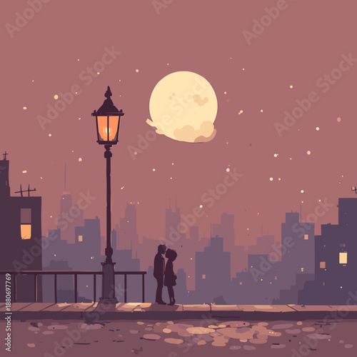 Romantic couple kissing on a city bridge at night under glowing moonlight with urban skyline and warm street lamp creating dreamy atmosphere
