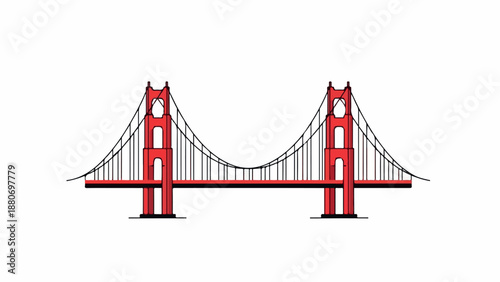 Illustration of the iconic Golden Gate Bridge in San Francisco with red towers and suspension cables against a white background.
