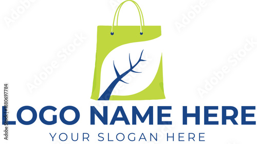 Eco-friendly shopping bag logo vector with leaf and branch design for sustainable retail or wellness branding