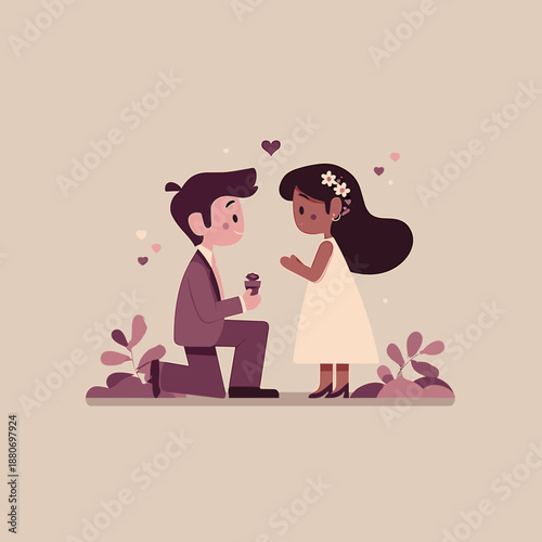 Romantic proposal scene with man kneeling and offering a ring to his partner in a soft dreamy illustration
