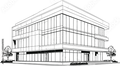 Modern office building with sleek glass facade and minimalist design