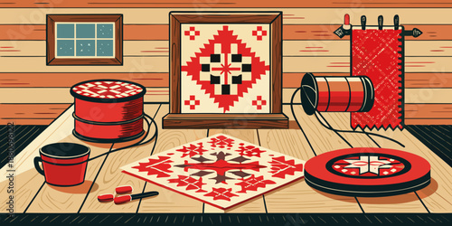 Seamless ethnic border pattern with red and black geometric floral stars on beige