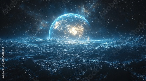 Abstract cosmic background with blue planetary ring and colorful planet on starry sky, futuristic vector illustration with copy space