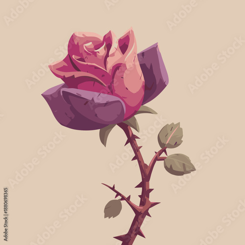 Detailed rose flower with thorns in soft pastel illustration symbolizing romantic love elegance and fragility