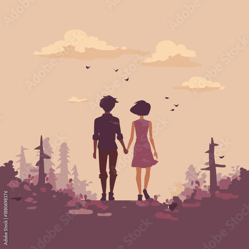Silhouette of a couple holding hands walking together in dreamy landscape symbolizing love journey and unity