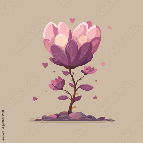 Romantic flowering plant with hearts floating around, soft pastel flat illustration symbolizing love, harmony, and emotional growth on neutral background