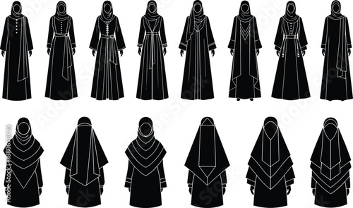 Islamic women abaya and hijab fashion silhouettes set, modest clothing vector illustration, traditional Muslim dress designs, front view collection