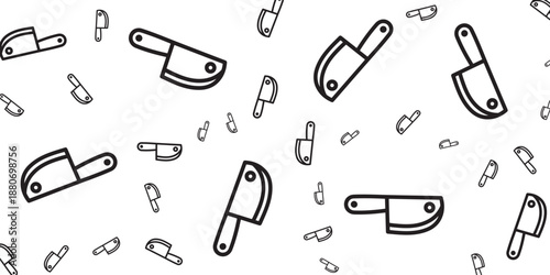 A seamless pattern of butcher knives and cleavers, ideal for kitchen or restaurant branding