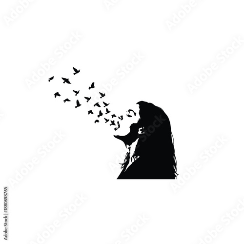 Woman's silhouette with birds flying out of her mouth