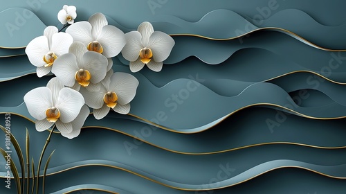 Dark green background with golden line art leaves and orchid flowers, vector illustration in dark teal and gold palette for luxurious wall mural design