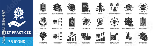 Best Practices icon set. Containing guidelines, consistency, compliance, ethics, accountability, safety, procedures, quality and more. Glyph vector icons collection.