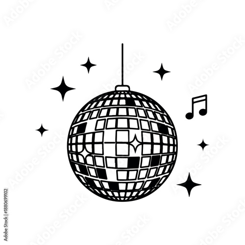 A black and white illustration of a shiny disco ball with musical notes and sparkles on a white background, in a graphic style with a lively and festive mood.