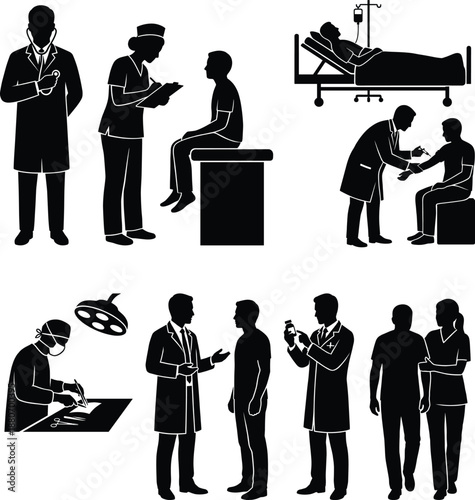 Medical and Healthcare Professionals with Patients Silhouettes Vector Collection Isolated on White Background