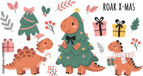 Cute Christmas dinosaur illustration set with festive trees gifts and winter outfits, playful holiday prehistoric characters collection for kids nursery and seasonal flat vector designs