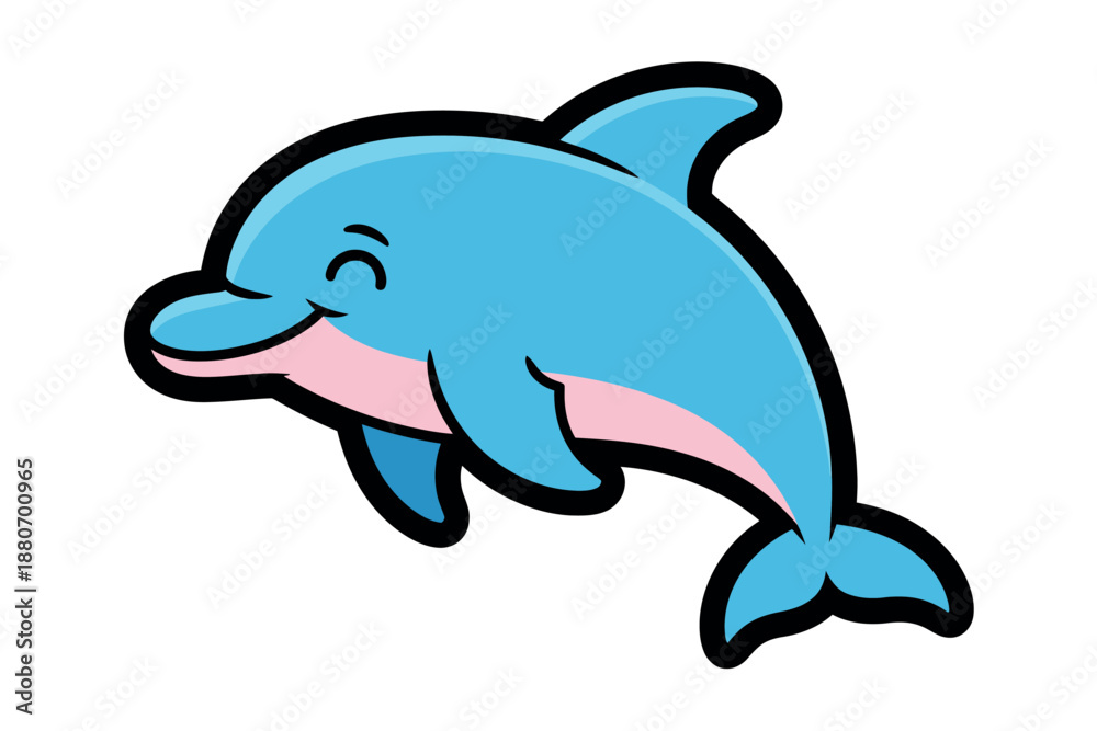 Fototapeta premium Cartoon Blue Dolphin Swimming Upwards with Smiling Face and Pink Underbelly