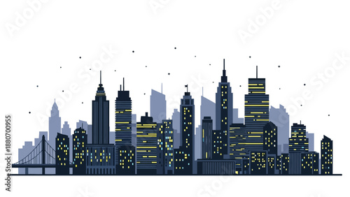 Pixelated cityscape with illuminated buildings and a bridge