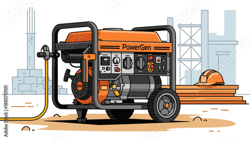 Portable generator on a construction site with lumber and hard hat