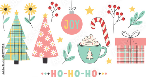 Cute Christmas illustration set with decorated trees cocoa mug candy cane gifts and joy elements, cozy holiday decorations collection for kids nursery and festive flat vector designs