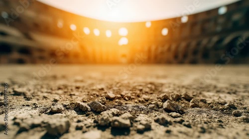 Low angle shot of dry cracked earth with sun flare illuminating distant stadium arches