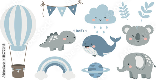 Cute baby animals illustration set with whale dinosaur elephant koala and rainbow, soft pastel nursery elements collection for kids decor and gentle flat vector designs