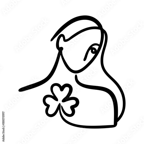 Día de San Patricio. Dibujo de trazo único de cara de mujer con trébol de 3 hojas en el pecho 