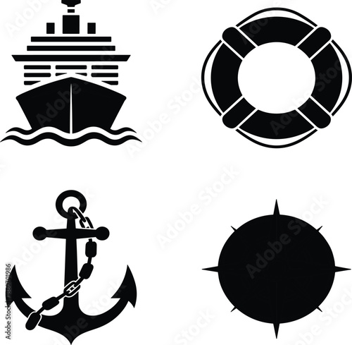 Four Black and White Nautical Symbols Including Ship Anchor Life Preserver and Compass