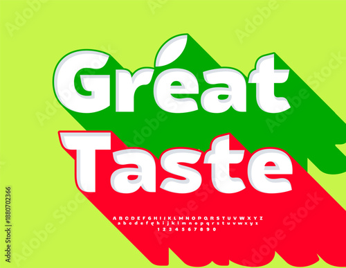 Vector Promotion banner Great Taste. Bright 3D Font with Big Red Shadow. Creative Digital Alphabet Letters and Numbers set
