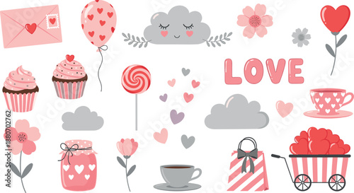 Cute love themed illustration set with hearts cupcakes clouds flowers and romantic icons, sweet valentine elements collection for kids designs and pastel flat vector artwork