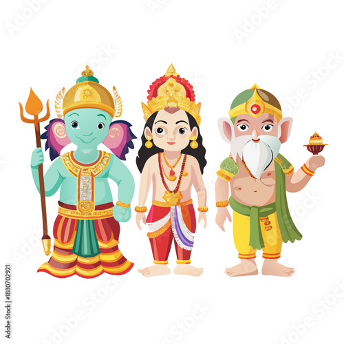 Indian Gods Set, Agni, Ganesha, Indra Idols Cartoon Vector Illustration
