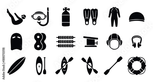 A versatile set of water sports equipment featuring swimming accessories, diving gear, surfing boards, kayaking boats, and safety lifebuoys for promoting active lifestyle and aquatic
