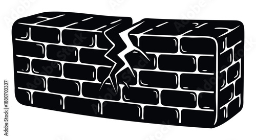 Monochrome brick wall featuring a prominent lightningshaped crack indicating breakdown and instability, suitable for architectural degradation warnings or problemsolving graphics.