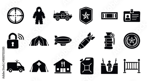 A comprehensive collection of silhouette icons depicting military weapons, security measures, survival tools, and emergency services for graphic design and informational applications.