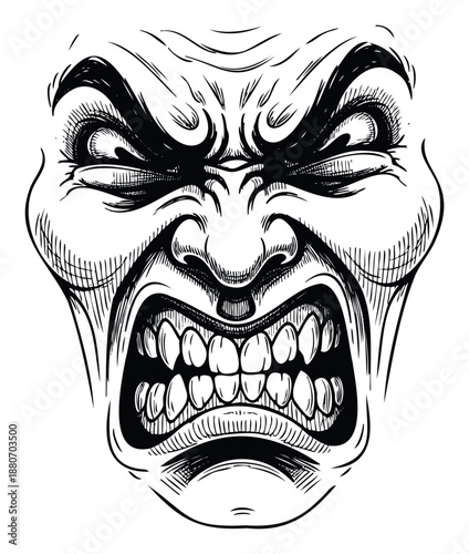 Highly detailed and aggressive black and white line drawing of a furious screaming face suitable for dynamic graphic design, tshirt prints, comic book covers, and strong emotional visual