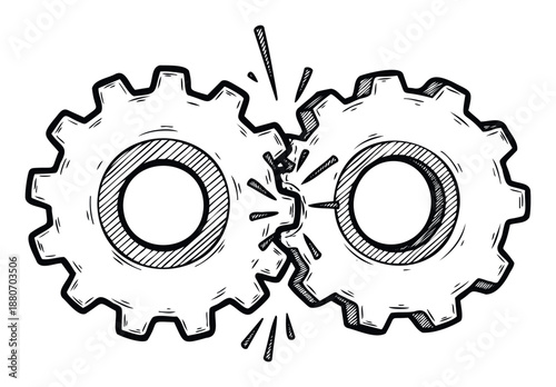 Hand drawn doodle style black and white depiction of two interlocking gears with a broken tooth symbolizing mechanical failure, system breakdown, or a major business challenge