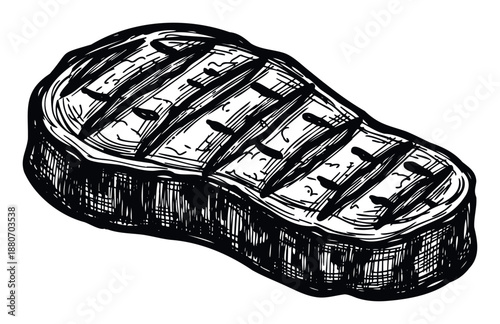 Black and white hand drawn grilled steak with distinctive char marks ideal for culinary recipe blogs or restaurant menu designs