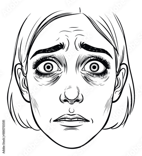 Striking black and white portrait of a distressed woman with wide staring eyes and a worried expression, suitable for conveying fear, stress, or apprehension in various media projects.