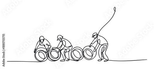 Continuous line drawing of three people riding connected wheeled devices, with the line forming a trail and loop, symbolizing dynamic movement and unity, ideal for modern sports marketing