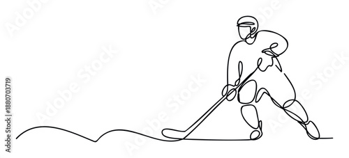 A dynamic one line drawing captures an ice hockey player skillfully maneuvering a puck with a stick, perfect for sports event promotions or athletic achievement recognition.