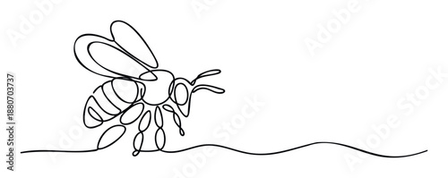 Simple single line drawing of a flying honeybee capturing its graceful movement, ideal for educational materials, nature themed products, or minimalist branding.