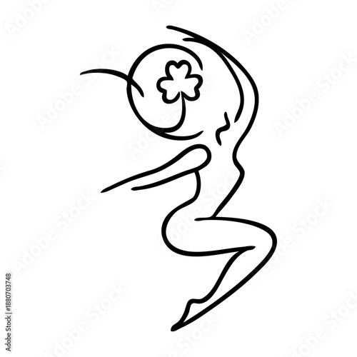 Día de San Patricio. Dibujo de trazo único de mujer de pie de perfil, con trébol de 3 hojas en la cabeza 