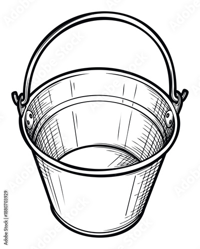 Hand drawn metal bucket with a movable handle for carrying water or other liquids, suitable for use in gardening, cleaning, and various domestic or farmrelated tasks