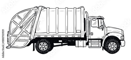 Detailed line drawing of a garbage truck, a vital vehicle for urban waste management and city sanitation services, ideal for environmental projects and educational materials