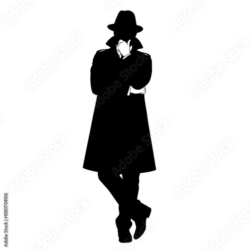 Silhouette of a mysterious person in a long coat and hat.