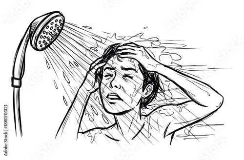 Person reacting with shock or discomfort to a sudden cold shower, hands gripping their head under the water spray, suitable for conveying unpleasant surprises or everyday hygiene